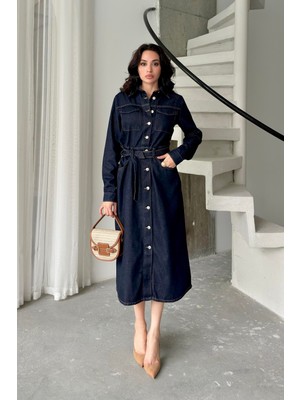 Serica Moda Beli Kuşaklı Cep Detaylı Denim Elbise