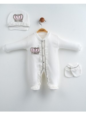 Eda Baby Taşlı Taç Nakışlı Lüks Dantel Detaylı 3'lü Hastane Çıkışı Seti