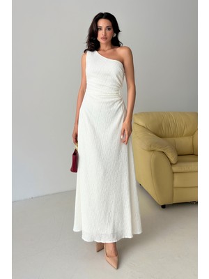 Serica Moda Ekru Tek Omuz Dantel Dokulu Pencere Detaylı Elbise