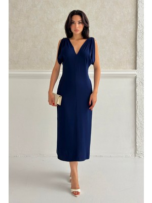 Serica Moda Lacivert Omuz Tokalı V Yaka Midi Elbise