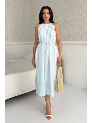 Serica Moda Açık Mavi Bisiklet Yaka Çiçek Detaylı Ebise