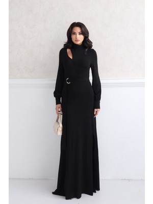 Serica Moda Siyah Kemer Detaylı Uzun Triko Elbise