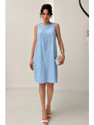 Serica Moda Mavi Kolsuz Keten Elbise