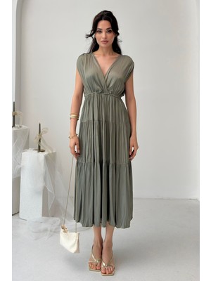 Serica Moda Haki Kruvaze Fırfır Detaylı Kolsuz Midi Elbise