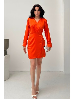 Serica Moda Turuncu Kruvaze Düğme Detaylı Mini Saten Elbise