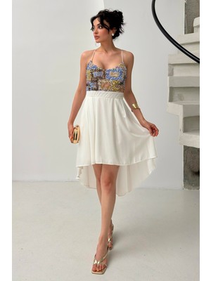 Serica Moda Ekru Payet Detaylı Askılı Elbise