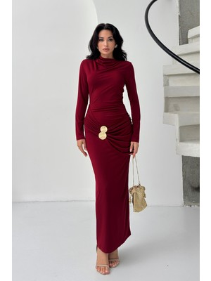 Serica Moda Bordo Büzgülü Toka Detaylı Elbise