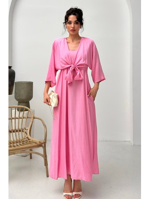 Serica Moda Pembe Bağlama Detaylı Elbise Takım