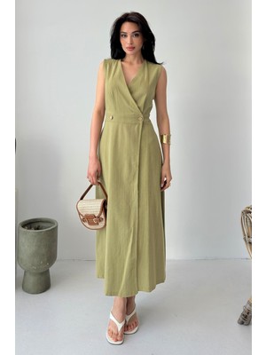 Serica Moda Yeşil Kruvaze Kesim Kolsuz Uzun Keten Elbise
