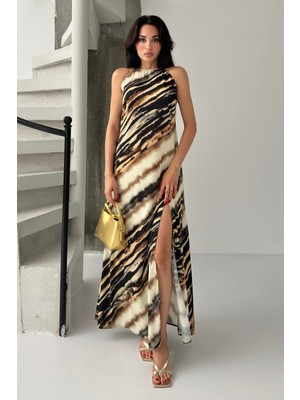 Serica Moda Kahve Desenli Ip Askılı Yırtmaçlı Elbise