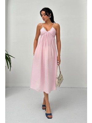 Serica Moda Pembe Ince Askılı Pliseli Midi Elbise