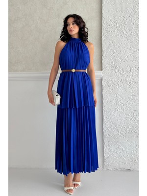 Serica Moda Saks Mavi Pileli Halter Yaka Kemerli Elbise