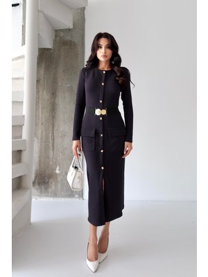 Serica Moda Lacivert Lastik Kemer Detaylı Düğmeli Elbise
