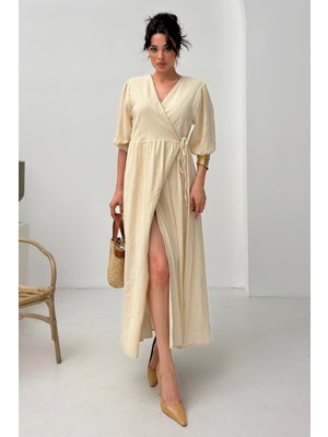 Serica Moda Bej Kruvaze Yaka Bağlama Detaylı Müslin Elbise