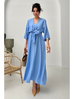 Serica Moda Mavi Bağlama Detaylı Elbise Takım