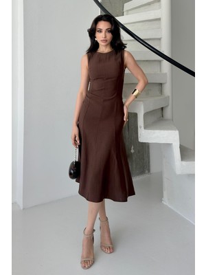 Serica Moda Kahve Bisiklet Yaka Midi Kolsuz Midi Elbise