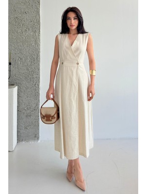 Serica Moda Taş Kruvaze Kesim Kolsuz Uzun Keten Elbise