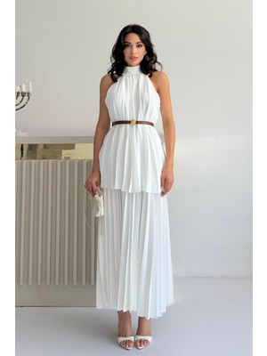 Serica Moda Beyaz Pileli Halter Yaka Kemerli Elbise
