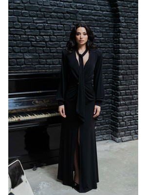 Serica Moda Siyah Şal Yaka Önü Tokalı Uzun Elbise