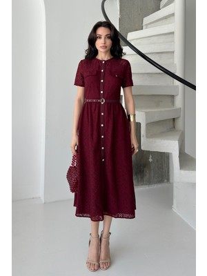 Serica Moda Bordo Taş Düğmeli Kemerli Midi Dantel Elbise