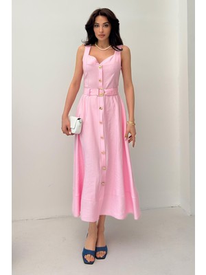 Serica Moda Pudra Askılı Kemer Detaylı Düğmeli Tensel Elbise
