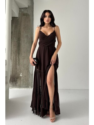 Serica Moda Kahve Askılı Sırt Detaylı Şifon Elbise