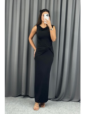 Serica Moda Siyah Düşük Omuz Bağlama Detaylı Elbise