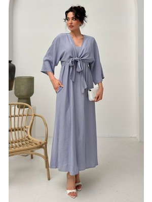 Serica Moda Gri Bağlama Detaylı Elbise Takım