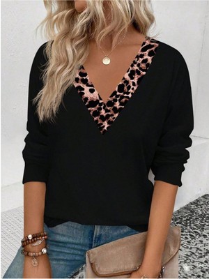 Kadın Uzun Kollu V Yakalı Leopar Detaylı Viskon Iki Iplik Bluz