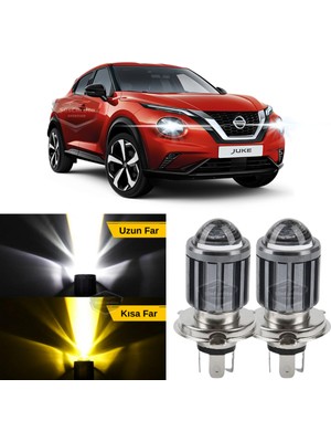 Caralp Nissan Juke 2010-2014 Makyajsız Kasa Uyumlu Mercekli Far Ampulü LED Xenon Çift Renk Sarı-Beyaz Far Şimşek Etkili Csp LED Lamba Uzun Kısa 2 Adet Takım