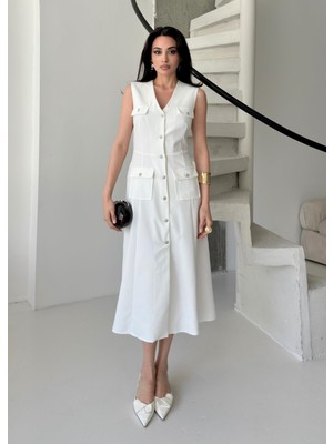 Serica Moda Ekru Taş Düğmeli V Yaka Midi Elbise