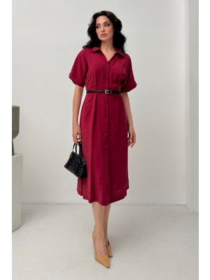 Serica Moda Bordo Kemer Detaylı Tencel Kumaş Gömlek Elbise