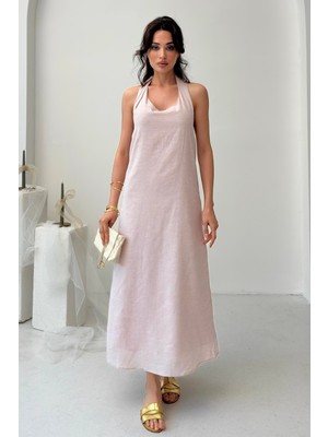 Serica Moda Pembe Melanj Halter Yaka Keten Karışımlı Elbise