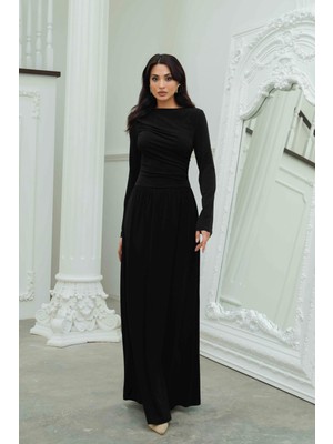 Serica Moda Siyah Büzgü Detaylı Uzun Kollu Kloş Etekli Elbise