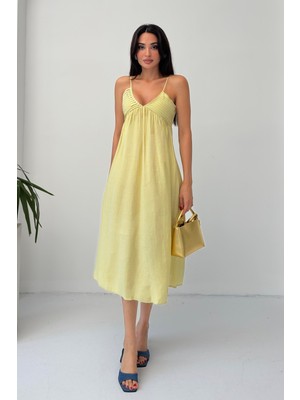 Serica Moda Sarı Ince Askılı Pliseli Midi Elbise
