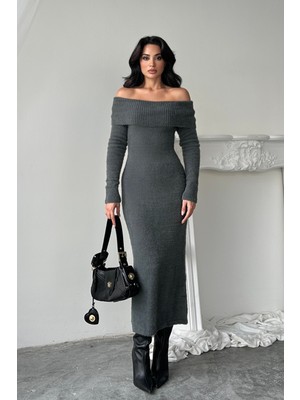 Serica Moda Antrasit Madonna Yaka Triko Elbise