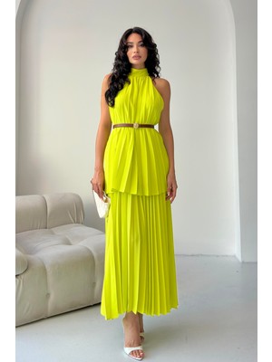 Serica Moda Sarı Pileli Halter Yaka Kemerli Elbise