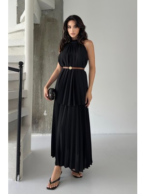 Serica Moda Siyah Pileli Halter Yaka Kemerli Elbise