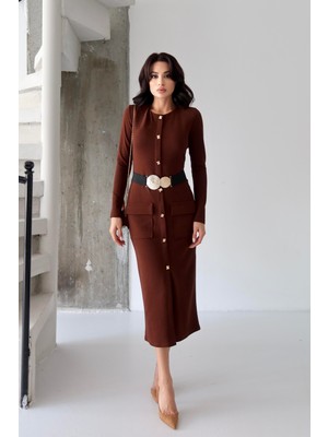 Serica Moda Kahverengi Lastik Kemer Detaylı Düğmeli Elbise