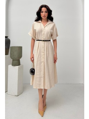 Serica Moda Taş Kemer Detaylı Tencel Kumaş Gömlek Elbise