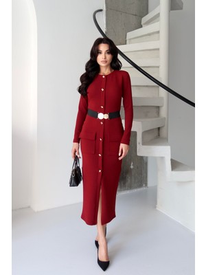 Serica Moda Bordo Lastik Kemer Detaylı Düğmeli Elbise