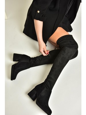 Fox Shoes T282520002 Siyah Süet Kalın Topuklu Kadın Çorap Çizme