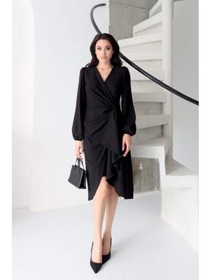 Serica Moda Siyah Bağlama Detaylı Volanlı Elbise