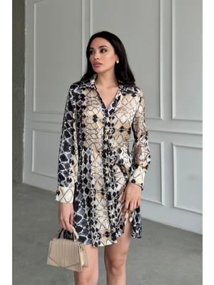 Serica Moda Bej Desenli Mini Gömlek Elbise