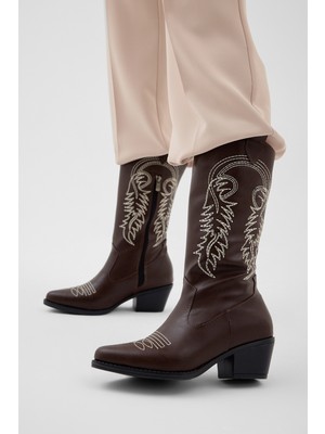 Tonny Black Kadın Kahve Termo Taban Nakış Işlemeli Fermuarlı Topuklu Western Kovboy Bot