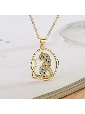 Herşey Nota Zirkon Taşlı Panter Figürlü Kadın Kolye – Gold Renk Paslanmaz Çelik, 55 cm Güç ve Asalet Temalı