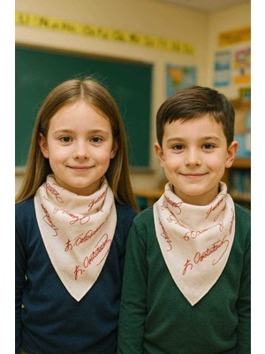 Herşey Nota 1 Adet Beyaz Kırmızı Atatürk İmza Fular Bandana - 23 Nisan, 29 Ekim,30 Ağustos, 9 Mayıs %100COTTON