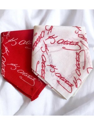 Herşey Nota Atatürk İmzalı Kırmızı ve Beyaz 2'li Renk Unisex Bandana Fular 23 Nisan 29 Ekim 10 Kasım 19 Mayıs