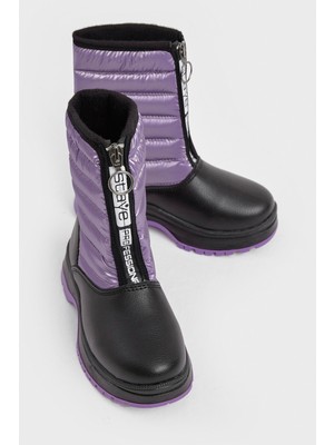 Tonny Black Çocuk Unisex Lila Kalın Termo Taban Önü Yazılı Sıcak Astarlı Fermuarlı Şişme Kar Botu