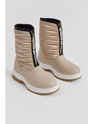 Tonny Black Çocuk Unisex Bej Kalın Termo Taban Önü Yazılı Sıcak Astarlı Fermuarlı Şişme Kar Botu